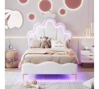 BestAlice Lit pour enfant rembourré, 90 x 200 cm, avec LED, lit simple, avec tête de lit réglable en forme de couronne, lit de princesse, cadre de lit en bois massif avec sommier à lattes, PU, blanc