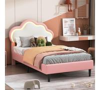 BestAlice Lit pour fille, rembourré, 90 x 200 cm, motif de princesse nuage, cadre pour fille, avec tête de lit LED et sommier à lattes, tête de lit réglable, en polyuréthane, rose