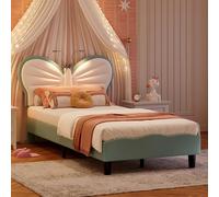 BestAlice Lit rembourré pour fille 90 x 200 cm, lit pour fille avec sommier à lattes et tête de lit réglable papillon, lit simple rembourré avec lumière de lecture, lit fille velours, blanc-bleu