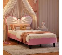 BestAlice Lit rembourré pour fille 90 x 200 cm, lit pour fille avec sommier à lattes et tête de lit réglable papillon, lit simple rembourré avec lumière de lecture, lit fille velours, blanc-rose