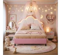 BestAlice Lit rembourré pour filles 140x200 cm, lits à couronne pour princesse avec LED, lit double avec tête de lit réglable, avec sommier à lattes, lit pour adolescents, velours, rose