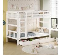 BestAlice Lit superposé, 90 x 200 cm, mezzanine, avec escalier et 2 tiroirs, lit superposé, pour enfants, adolescents, avec grille et protection anti-chute, en bois massif, blanc
