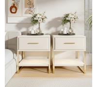 BestAlice Lot de 2 tables de chevet avec compartiment ouvert et 1 tiroir, table d'appoint, table de chevet avec LED, commode pour chambre à coucher, salon, bureau, velours beige