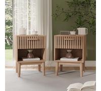 BestAlice Lot de 2 tables de chevet avec tiroir et compartiment ouvert, table d'appoint avec pieds en bois massif, table basse avec espace de rangement, table basse pour chambre et salon, couleur bois