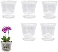 BestAlice Lot de 5 pot à orchidée de 15,2 cm avec trous et soucoupes - Pots à orchidée en plastique transparent pour plantes et rempotage