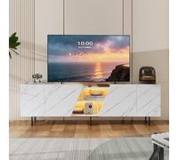 BestAlice Meuble TV bas avec LED, 4 portes, 220 cm de long, avec espace de rangement ouvert et caché, pour salon, chambre à coucher, blanc