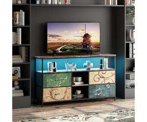 BestAlice Meuble TV Vintage avec éclairage LED, casier avec 4 tiroirs et 3 étagères, Cadre en Fer et Meuble TV à Panneaux de Particules, Pieds réglables en Hauteur, Banc TV multimédia (108cm-C)