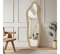 BestAlice Miroir pleine longueur, 160 x 50 cm, grand miroir de sol asymétrique, avec cadre en tissu velours, miroir mural moderne, à suspendre, debout, inclinable, miroir ondulé pour chambre à coucher