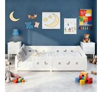 BestAlice Montessori Lit de sol, 90 x 200 cm, pour enfant, avec protection anti-chute et sommier à lattes, lit simple, cadre de lit en pin massif, lit pour enfants à barreaux, sans matelas, blanc