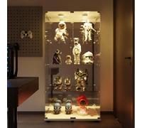 BestAlice Vitrine sur pied en verre, armoire pour collection avec effet miroir LED et serrure, armoire de rangement avec 2 portes, 4 étagères, meuble transparent, pour salon, bar, blanc