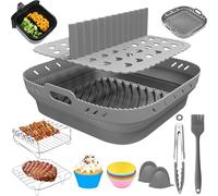Bestash Accessoire Air Fryer,14 PCS Silicone Moule Air Fryer Réutilisable,Accessoires pour Philip XL 6,2L, COSORI 5,5L 4,7L, Cecotec 5,5L 6L, 22CM Pot Plat Carré Doublure Liner (Porte Simple Gris)