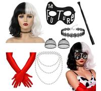 bestbargainhouse Cruella Ensemble de perruques noires et blanches pour femme avec frange de cheveux courts bouclés et gants rouges pour Halloween, anniversaire, Noël, fête costumée