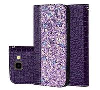 BestCatgift Galaxy A6 Plus PU Leather Wallet Coque [Crocodile Pattern][Shimmering Powder] Flip Cover with Wrist Strap pour Samsung A6+/A9 Star Lite SM-A605 2018 - Purple