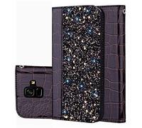 BestCatgift Galaxy A6 PU Leather Wallet Coque [Crocodile Pattern][Shimmering Powder] Flip Cover with Wrist Strap pour Samsung A6 SM-A600 2018 - Black Brown