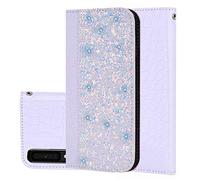 BestCatgift Galaxy A8 Plus PU Leather Phone Wallet Coque [Crocodile Pattern][Shimmering Powder] Flip Cover with Wrist Strap pour Samsung A8+ SM-A730 2018 - White