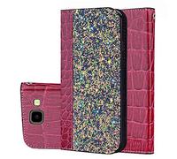 BestCatgift Galaxy J6 Plus PU Leather Phone Wallet Coque [Crocodile Pattern][Shimmering Powder] Flip Cover with Wrist Strap pour Samsung J6+ 2018 - Wine Red