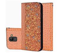 BestCatgift Galaxy J6 PU Leather Wallet Coque [Crocodile Pattern][Shimmering Powder] Flip Cover with Wrist Strap pour Samsung J6 SM-J600 2018 - Gold