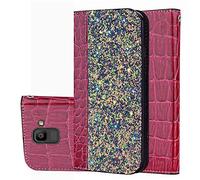 BestCatgift Galaxy J6 PU Leather Wallet Coque [Crocodile Pattern][Shimmering Powder] Flip Cover with Wrist Strap pour Samsung J6 SM-J600 2018 - Wine Red