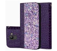 BestCatgift Galaxy J6 PU Leather Wallet Coque [Crocodile Pattern][Shimmering Powder] Flip Cover with Wrist Strap pour Samsung J6 SM-J600 2018 - Purple