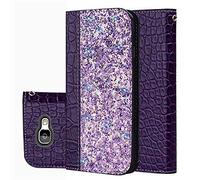 BestCatgift Galaxy J7 Prime PU Leather Wallet Coque [Crocodile Pattern][Shimmering Powder] Flip Cover with Wrist Strap pour Samsung J7 2017/Halo/J7 V/J7 Prime/J7 Sky Pro/J7 Perx SM-J727 - Purple
