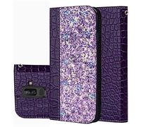 BestCatgift Galaxy J8 PU Leather Wallet Coque [Crocodile Pattern][Shimmering Powder] Flip Cover with Wrist Strap pour Samsung J8/On8 SM-J810 2018 - Purple