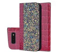 BestCatgift Galaxy S10 Plus PU Leather Wallet Coque [Crocodile Pattern][Shimmering Powder] Flip Cover with Wrist Strap pour Samsung S10 Plus/S10+ SM-G975 - Wine Red