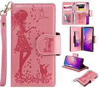 BestCatgift Galaxy S10e PU Leather Embossing Girls and Cats Wallet Coque [9 Card Slot][Mirror] Flip Cover pour Samsung S10e/S10 Lite SM-G970 5.8 inch - Pink