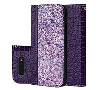 BestCatgift Galaxy S10e PU Leather Wallet Coque [Crocodile Pattern][Shimmering Powder] Flip Cover with Wrist Strap pour Samsung S10e SM-G970 - Purple
