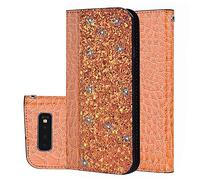 BestCatgift Galaxy S10e PU Leather Wallet Coque [Crocodile Pattern][Shimmering Powder] Flip Cover with Wrist Strap pour Samsung S10e SM-G970 - Gold