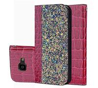 BestCatgift Galaxy Xcover 4 PU Leather Wallet Coque [Crocodile Pattern][Shimmering Powder] Flip Cover with Wrist Strap pour Samsung Xcover 4 SM-G390 - Wine Red