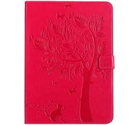 Bestcatgift iPad 2018 PU Leather Wallet Coque, [Embossed Cats and Trees][Wake/Sleep Function][Touch Pen Cover] iPad Smart Cover Wallet Coque pour iPad 2018/iPad 2017 - Rose Red