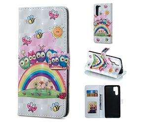 BestCatgift P30 Pro PU Leather Folio Flip Cover [3D Relief Pattern ][Kickstand] pour Huawei P30 Pro Magnetic Wallet Coque - Rainbow Owl