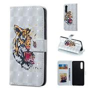 BestCatgift P30 PU Leather Folio Flip Cover [3D Relief Pattern ][Kickstand] pour Huawei P30 Magnetic Wallet Coque - Tiger