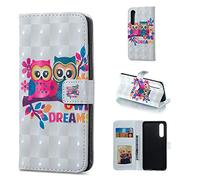 BestCatgift P30 PU Leather Folio Flip Cover [3D Relief Pattern ][Kickstand] pour Huawei P30 Magnetic Wallet Coque - Lover Owl