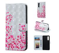 BestCatgift P30 PU Leather Folio Flip Cover [3D Relief Pattern ][Kickstand] pour Huawei P30 Magnetic Wallet Coque - Cherry Blossoms