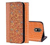 BestCatgift pour Nokia 3.1 PU Leather Wallet Coque [Crocodile Pattern][Shimmering Powder] Flip Cover with Wrist Strap pour Nokia3.1 - Gold