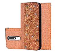 BestCatgift pour Nokia 5.1 PU Leather Wallet Coque [Crocodile Pattern][Shimmering Powder] Flip Cover with Wrist Strap pour Nokia5.1 - Gold