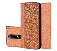 BestCatgift pour Nokia 6.1 PU Leather Wallet Coque [Crocodile Pattern][Shimmering Powder] Flip Cover with Wrist Strap pour Nokia6.1 - Gold