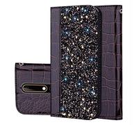 BestCatgift pour Nokia 6.1 PU Leather Wallet Coque [Crocodile Pattern][Shimmering Powder] Flip Cover with Wrist Strap pour Nokia6.1 - Black Brown