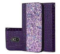 BestCatgift Xperia XZ3 PU Leather Wallet Coque [Crocodile Pattern][Shimmering Powder] Flip Cover with Wrist Strap pour Sony Xperia XZ3 - Purple