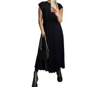 Bestciety Robe plissée simple de couleur unie pour femme, robe longue plissée à manches courtes, col rond, sans manches, robe d'été unie plissée, Noir , L