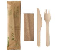 Papstar Kit de couverts (fourchette, couteau, serviette) en bois 100% biodégradables – 15 paquets