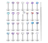 Besteel Lot de 28 piercings de nez sans filetage en acier chirurgical pour lèvre, narine, labret, méduse, tragus, conque, hélix, boucles d'oreilles à dos plat pour homme et femme, 16 g, 18 g, 20 g, 6