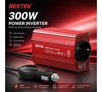 BESTEK Convertisseur de Tension 300W Onde Sinusoïdale Modifiée 12V vers 230V, avec Prise AC, 2 Ports USB (4.8A Total) & Prise Cigarette pour Voiture (Rouge)