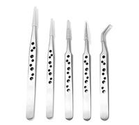 Bestgle Lot de 5 pinces à épiler antistatiques à 9 trous, professionnelles en acier inoxydable, ensemble de pinces de précision non magnétiques incurvées et droites