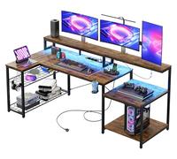 Bestier Bureau d'angle 181 cm, Bureau de Jeu avec lumières LED, Table de Jeu PC avec 3 Prises Secteur et 2 Ports de Chargement USB, Bureau d'ordinateur avec étagère pour écran spacieuse