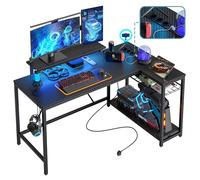 Bestier Bureau en Forme de L avec Prises et Lumières LED - Bureau d'angle Réversible 132 cm avec Étagères - Grande Surface de Travail pour Domicile, Étude et Chambre à Coucher