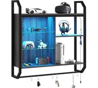 Bestier Étagère Murale LED 84 cm avec Étagères en Verre Trempé Ajustables et 6 Crochets S Design Industriel pour Salon, Cuisine ou Bar à Vin Café
