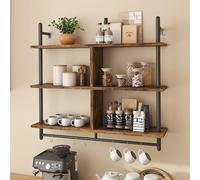 Bestier Étagère Suspendue Industrielle 3 Niveaux 105cm, Étagère Murale en Bois avec Crochets pour Rangement Salon, Cuisine, Balcon (Marron, 105 x 23.8 x 93.98 cm)
