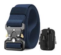 BESTKEE Ceinture Tactique 3.8 cm de Travail Militaire en Nylon Robuste Noire - Boucle en Métal à Dégagement Rapide - Avec Sac Tactique MOLLE